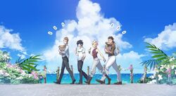  4boys arm_tattoo bag black_hair blonde_hair blue_sky boots brown_hair casual day final_fantasy final_fantasy_xv flower food gladiolus_amicitia glasses hinoe_(dd_works) ignis_scientia looking_at_another male_focus multiple_boys noctis_lucis_caelum outdoors pants paper_bag plant popsicle prompto_argentum shopping_bag sky smile spiked_hair tank_top tattoo white_pants 