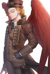  1boy absurdres alternate_costume belt black_gloves blonde_hair blue_necktie boku_no_hero_academia brown_headwear brown_jacket brown_vest collared_shirt commentary_request earrings eyemask_u_u feathered_wings fingerless_gloves from_side gloves goggles goggles_on_headwear hand_in_pocket hawks_(boku_no_hero_academia) highres jacket jewelry looking_at_viewer male_focus necktie pants pouch red_wings shirt short_hair simple_background solo striped_clothes striped_pants twitter_username vest white_background wings 