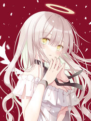  angel angel_wings bare_shoulders black_choker black_ribbon blunt_bangs breasts choker cleavage commentary eyelashes eyes_visible_through_hair female forehead halo hoshino_koucha long_hair looking_at_viewer off_shoulder open_mouth original own_hands_clasped own_hands_together pink_hair red_background ribbon simple_background snow solo symbol-shaped_pupils upper_body wings yellow_eyes 