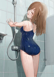  absurdres alice_gear_aegis ass bare_shoulders blue_one-piece_swimsuit breasts brown_hair closed_eyes competition_school_swimsuit female highres indoors kimikage_yui medium_breasts medium_hair one-piece_swimsuit open_mouth school_swimsuit shower_(place) showering sidelocks solo standing sunga2usagi swimsuit thighs tile_wall tiles water wet wet_clothes wet_swimsuit 