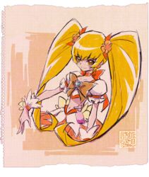  artist_logo blonde_hair bow choker commentary_request cure_sunshine earrings eyelashes female graph_paper hair_ornament hairbow happy heartcatch_precure! jewelry kamikita_futago long_hair looking_at_viewer magical_girl midriff myoudouin_itsuki navel official_art paper_background precure puffy_short_sleeves puffy_sleeves short_sleeves signature skirt smile solo stamp_mark torn_paper twintails upper_body watercolor_background wrist_cuffs yellow_eyes 