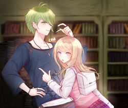  1boy absurdres akamatsu_kaede amami_rantarou antenna_hair backpack bag bangs blonde_hair blurry blurry_background book bookshelf bracelet c01a_(cola) collarbone commentary danganronpa_(series) danganronpa_v3:_killing_harmony depth_of_field ear_piercing english_commentary eyebrows_visible_through_hair female green_eyes green_hair grey_bag grey_shirt hair_ornament hairclip hand_up highres index_finger_raised jewelry long_hair long_sleeves looking_at_viewer necklace open_mouth piercing pink_eyes pink_skirt purple_eyes randoseru shirt short_hair skirt smile striped 