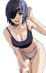  bad_id bad_pixiv_id black_bra black_hair bra breasts chainsaw_man cleavage collarbone english_commentary eyepatch female hand_on_own_thigh highres himeno_(chainsaw_man) large_breasts leaning_forward looking_at_viewer mismatched_underwear navel one_eye_covered panties shiren_(ourboy83) simple_background smile solo thigh_gap underwear underwear_only white_background white_panties 