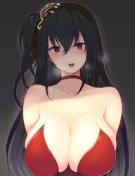  3yuki azur_lane bare_shoulders black_hair blush breasts choker cleavage cocktail_dress collarbone crossed_bangs dress female grey_background hair_ornament head_tilt heavy_breathing highres large_breasts long_hair official_alternate_costume open_mouth red_choker red_dress red_eyes simple_background solo taihou_(azur_lane) taihou_(forbidden_feast)_(azur_lane) yandere 