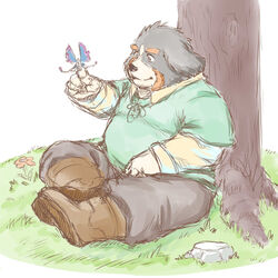  1:1 2021 anthro bernese_mountain_dog black_body black_fur black_nose bottomwear brown_body brown_fur canid canine canis clothing domestic_dog fur furipon hi_res kemono male mammal molosser mountain_dog overweight overweight_anthro overweight_male pants plant shirt sitting solo swiss_mountain_dog topwear tree white_body white_fur 