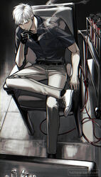  1boy akagi:_yami_ni_oritatta_tensai akagi_shigeru black_gloves blood cart chair cigarette closed_eyes collared_shirt crossed_legs from_above fukumoto_mahjong gloves highres hose komiya_kuniharu male_focus shirt sitting smoke smoking solo tile_floor tiles tumblr_username vial web_address white_hair 