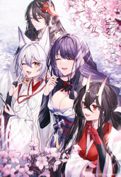  1other 3girls animal_ears bird_mask black_hair braid branch breasts cherry_blossoms chiyo_(genshin_impact) cleavage closed_eyes closed_mouth commentary_request coyucom earrings flower fox_ears fox_girl genshin_impact hair_ornament highres horns japanese_clothes jewelry kitsune_saiguu large_breasts long_hair long_sleeves mask mask_on_head miko mole mole_under_eye multiple_girls obi obiage obijime one_eye_closed oni_horns open_mouth pink_flower purple_hair purple_nails raiden_shogun red_eyes ribbon sasayuri_(genshin_impact) sash short_hair smile tassel white_hair wide_sleeves yellow_eyes 