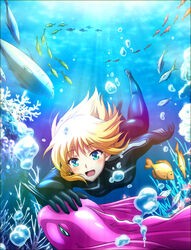  absurdres air_bubble ass blonde_hair blue_eyes bodysuit breasts bubble cayna_(leadale_no_daichi_nite) coral coral_reef creature diving_suit female fish freediving headpat highres key_visual leadale_no_daichi_nite light_blush medium_breasts official_art open_mouth petting promotional_art school_of_fish sunlight swimming underwater wetsuit 