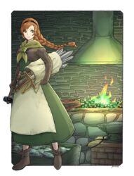  90n_pacos absurdres annette_(pixiv_fantasia_last_saga) artist_name black_hairband boots braid brown_footwear brown_hair coal commentary_request dress female fire green_dress green_eyes green_fire hairband hammer hatching_(texture) highres holding holding_weapon indoors long_hair long_sleeves neckerchief pixiv_fantasia pixiv_fantasia_last_saga smile solo standing sword tongs weapon yellow_neckerchief 