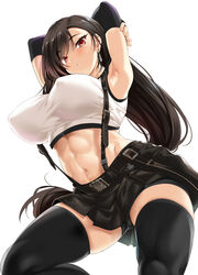  abs absurdres armpits arms_behind_head arms_up bare_shoulders belt black_gloves black_hair black_skirt black_thighhighs blush breasts cle_masahiro commentary_request crop_top earrings elbow_gloves fantia_reward female final_fantasy final_fantasy_vii final_fantasy_vii_remake fingerless_gloves gloves highres jewelry large_breasts long_hair looking_at_viewer low-tied_long_hair navel paid_reward parted_lips red_eyes shirt simple_background skirt solo suspender_skirt suspenders suspenders_gap swept_bangs tank_top taut_clothes taut_shirt thighhighs thighs tifa_lockhart white_background white_tank_top 