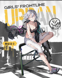  bandaid bandaid_on_arm barcode barcode_tattoo bare_shoulders black_jacket black_sports_bra breasts casual character_name chest_tattoo chinese_text cleavage closed_eyes collarbone colored_shoe_soles copyright_name crop_top damaged english_text facial_mark female full_body girls&#039;_frontline grey_footwear grey_hair gun h&amp;k_sl8 hands_on_legs highres imoko_(imonatsuki) jacket lightning_bolt_symbol long_sleeves medium_breasts medium_hair official_alternate_costume official_art open_clothes open_jacket open_mouth pants promotional_art rifle shoes sitting sl8_(girls&#039;_frontline) sl8_(spectral_fizz)_(girls&#039;_frontline) smile sniper_rifle solo sports_bra tattoo teeth torn_clothes torn_jacket torn_pants torn_sports_bra underwear weapon white_pants 