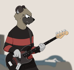  2021 3_fingers aggretsuko alternative_fashion anthro bass_guitar bed bed_sheet bedding bent_arm black_bottomwear black_clothing black_ears black_nose black_pants book bottomwear brown_body brown_face brown_fur brown_neck clothed clothing digital_media_(artwork) electric_guitar emo eyebrows fender_musical_instruments_corporation fingers fur furniture grey_body grey_fur grey_hands grey_inner_ear_fluff guitar haida_(aggretsuko) half-closed_eyes head_tilt holding_object hyena inner_ear_fluff jazz_bass long_sleeves looking_at_object male mammal markings mouth_closed multicolored_clothing multicolored_shirt multicolored_topwear musical_instrument narrowed_eyes oonekoh pants pattern_clothing pattern_shirt pattern_topwear plucked_string_instrument red_clothing red_shirt red_topwear sanrio shirt side_view snout solo spots spotted_hyena spotted_markings standing straps string_instrument striped_clothing striped_shirt striped_topwear stripes teeth topwear tuft wall_(structure) 