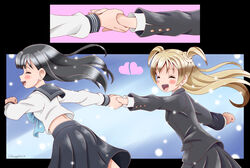  2girls akebi-chan_no_serafuku akebi_komichi artist_name black_hair blonde_hair blush closed_eyes commentary dated happy heart holding_hands kizaki_erika long_hair multiple_girls open_mouth roubai_academy_school_uniform_(old) running school_uniform serafuku skirt smile teeth twintails upper_teeth_only variangel yuri 