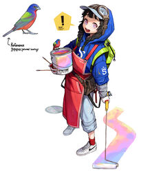  ! absurdres apron backpack bag bird black_hair blue_hoodie braid commentary_request english_commentary female full_body goggles goggles_on_head hat hat_under_hood highres hood hood_up hoodie korean_commentary long_hair mixed-language_commentary open_mouth original paint_can paint_roller paintbrush pants personification pink_eyes red_apron reference_inset rinotuna shoes solo speech_bubble spoken_exclamation_mark standing twin_braids white_background white_footwear white_hat white_pants 