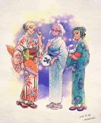  3girls aoharuto artist_name blonde_hair blue_eyes blue_kimono character_doll colored_skin dark-skinned_female dark_skin dated decadence_(anime) floral_print gadoll glasses green_hair hair_ornament hand_fan highres index_finger_raised japanese_clothes jill_(decadence) kimono kurenai_(decadence) lipstick makeup minato_(decadence) multicolored_hair multiple_girls obi operator_b_(decadence) orange_eyes pink_skin purple-tinted_eyewear sandals sash short_hair streaked_hair tinted_eyewear white_hair white_kimono wide_sleeves yukata 