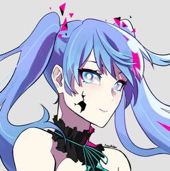  bare_shoulders blue_eyes blue_hair bright_pupils cracked_skin detached_collar eyebrows_hidden_by_hair female floating_hair ghost_rule_(vocaloid) grey_background hair_behind_ear hatsune_miku looking_at_viewer raukisu smile solo twintails upper_body vocaloid white_pupils 