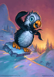  3_toes ambiguous_gender avian avian_feet beak bird black_body black_feathers black_tongue blizzard_entertainment blue_eyes feathers feet forest hearthstone looking_at_viewer matt_dixon mostly_nude open_mouth outside penguin plant raised_arm scarf semi-anthro sledding snow snowflipper_penguin solo sunrise toes tongue tree white_body white_feathers yellow_beak 