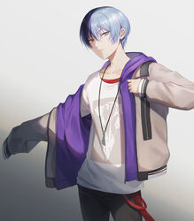  1boy aoyagi_touya blue_hair commentary cowboy_shot dark_blue_hair grey_eyes hood hoodie jacket jewelry looking_at_viewer male_focus mole mole_under_eye multicolored_hair necklace offtoon12 open_clothes open_jacket pants project_sekai shirt short_hair solo split-color_hair t-shirt teeth two-tone_hair 