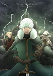  2boys 90n_pacos artist_name blonde_hair brown_gloves cape castle closed_eyes cloud cloudy_sky commentary_request copyright_name dark_clouds ethan_the_exiled_hero female flag foreshortening fur_trim gideon_(pixiv_fantasia_last_saga) gloves green_eyes grey_hair hat highres holding holding_sword holding_weapon lightning long_hair miracera_master_of_the_magic_institute multiple_boys over_shoulder pixiv_fantasia pixiv_fantasia_last_saga sheath sheathed short_hair sky smile staff sword vest weapon white_hair wizard_hat 