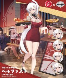  4girls azur_lane belfast_(azur_lane) belfast_(piping-hot_perfection)_(azur_lane) black_footwear black_hair blue_eyes blue_nails blush braid breasts chair checkered_floor cleavage cola collar commentary_request copyright_name copyright_notice cup dress drinking drinking_glass drinking_straw drinking_straw_in_mouth earrings expressions food french_braid fubuki_(azur_lane) fubuki_(stormy_waitress-in-training!)_(azur_lane) full_body gebijiade_89 georgia_(azur_lane) hair_between_eyes hair_ornament hairclip high_heels highres holding holding_cup indoors jewelry large_breasts legs logo long_hair long_legs long_sleeves looking_at_another looking_at_viewer minsk_(azur_lane) multiple_girls nail_polish notice_lines official_alternate_costume official_art open_mouth pencil_dress pizza pizza_hut ponytail promotional_art purple_eyes red_nails restaurant second-party_source short_dress sitting skirt smile standing strap_slip table tall_female thighs tile_floor tiles translated tray very_long_hair visor waitress white_hair wrist_cuffs 