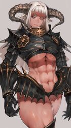  abs armor big_breasts breasts clothed clothing female hair hi_res horn horned_humanoid humanoid ibuo muscular muscular_female not_furry simple_background solo under_boob white_hair 