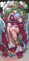  absurdres anklet bracelet breasts commentary cosplay dragon_girl dragon_tail dragon_wings dragonstone dress female fire_emblem fire_emblem:_mystery_of_the_emblem fire_emblem_awakening fire_emblem_heroes floral_background flower gem gold_trim green_eyes green_hair grin hair_ribbon high_ponytail highres jewelry karmamissile731 long_hair looking_at_viewer medium_breasts mixed-language_commentary official_alternate_costume pelvic_curtain pink_dress pointy_ears red_footwear red_ribbon ribbon sash sideboob sleeveless sleeveless_dress smile solo tail teeth thighs tiara tiki_(adult)_(fated_divinity)_(fire_emblem) tiki_(adult)_(fire_emblem) tiki_(fire_emblem) tiki_(young)_(fire_emblem) tiki_(young)_(fire_emblem)_(cosplay) very_long_hair white_flower wings 