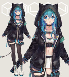  :d animal_ears arms_at_sides barcode belt black_choker black_gloves black_jacket black_legwear blue_eyes blue_hair blue_nails boots breasts cat_ears choker cleavage closed_jacket collarbone cross-laced_footwear cube demon_tail explosive facial_mark fake_animal_ears female fingerless_gloves gloves grey_background gun hair_between_eyes hair_ornament hairclip handgun holding holding_gun holding_weapon holster hood hood_up jacket jewelry lace-up_boots long_hair long_sleeves looking_at_viewer medium_breasts midriff miniskirt multicolored_hair multiple_views nail_polish navel oerba_yun_fang open_clothes open_jacket pendant pleated_skirt pocket sakuraba_channel skin_fang skirt smile standing streaked_hair tail thigh_holster thighhighs virtual_youtuber vivi_(eve_no_hakoniwa) weapon white_footwear white_hair white_skirt x_hair_ornament yadoli_lina zipper 