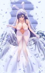  absurdres animal_ears azur_lane breasts bridal_veil cleavage commentary dated dress eeyoosekedooaat fake_animal_ears female full_body hair_ornament highres large_breasts long_hair looking_at_viewer new_jersey_(azur_lane) new_jersey_(snow-white_ceremony)_(azur_lane) official_alternate_costume petals purple_eyes purple_hair solo star_(symbol) star_hair_ornament veil very_long_hair wedding_dress 