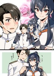  1boy admiral_(kancolle) black_hair black_sailor_collar blush brown_eyes buttons closed_mouth collared_shirt female flower grey_skirt hair_between_eyes holding holding_pen ichinomiya_(blantte) kantai_collection long_hair long_sleeves military military_uniform naval_uniform neckerchief open_mouth orange_neckerchief paper pen pink_flower pink_rose pleated_skirt ponytail rose sailor_collar shirt short_hair skirt smile uniform white_shirt yahagi_(kancolle) yahagi_kai_ni_(kancolle) 