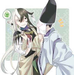  2boys abe_no_seimei_(fate) ashiya_douman_(fate) asymmetrical_clothes asymmetrical_hair bad_id bad_pixiv_id bell black_eyes black_hair curly_hair earrings fate/grand_order fate_(series) fingernails green_kimono green_nails hadanugi_dousa hair_bell hair_between_eyes hair_intakes hair_ornament hand_on_own_chin hinoya japanese_clothes jewelry kimono long_hair looking_at_another magatama magatama_earrings male_focus multicolored_hair multiple_boys open_clothes open_kimono pentagram ribbed_sleeves sharp_fingernails split-color_hair stroking_own_chin two-tone_hair upper_body very_long_fingernails very_long_hair white_hair white_kimono 