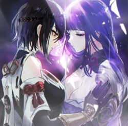  2girls armor bare_shoulders black_hair braid breasts cleavage closed_eyes closed_mouth detached_sleeves fractalmagnolia genshin_impact japanese_clothes kimono kujou_sara large_breasts long_hair mitsudomoe_(shape) multiple_girls obi parted_lips purple_hair raiden_shogun ribbon sash short_hair shoulder_armor tomoe_(symbol) yellow_eyes 