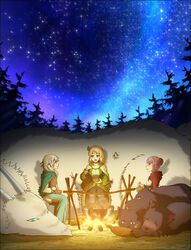  3girls absurdres blonde_hair blush braid campfire camping cayna_(leadale_no_daichi_nite) cerberus closed_eyes cooking cooking_pot creature eating fairy fairy_wings food grey_hair hairband highres key_visual leadale_no_daichi_nite long_hair lonti_arbalest_(leadale_no_daichi_nite) looking_at_another multiple_girls myleene_(leadale_no_daichi_nite) night night_sky official_art pink_hair ponytail promotional_art red_eyes scrunchie short_hair sidelocks sky star_(sky) starry_sky stew tree wings wooden_bowl wooden_spoon 