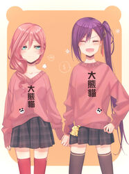  +++ 2girls :d animal_print aqua_eyes arm_at_side bad_id bad_pixiv_id bear_print blackfangs blush border brown_legwear chinese_text closed_eyes closed_mouth clothes_writing collarbone commentary cowboy_shot drill_hair facing_viewer fingernails flower gradient_border grey_skirt hair_between_eyes hair_ornament hair_over_shoulder hair_ribbon hand_on_own_hip highres holding_hands liu_mei_fan long_fingernails long_hair long_sleeves looking_at_viewer matching_outfits miniskirt mole mole_under_eye multiple_girls open_mouth orange_background outside_border panda_print pink_hair pink_sweater plaid plaid_skirt pleated_skirt print_sweater puff_of_air purple_hair red_legwear ribbon shoujo_kageki_revue_starlight shoujo_kageki_revue_starlight_-re_live- side_ponytail skirt sleeves_past_wrists smile speech_bubble spoken_blush standing stuffed_animal stuffed_rabbit stuffed_toy sweater teddy_bear thighhighs translated tsuruhime_yachiyo v-shaped_eyebrows very_long_hair white_border white_flower x_hair_ornament yellow_border yuri zettai_ryouiki 