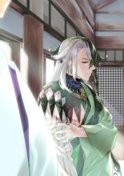  2boys abe_no_seimei_(fate) ashiya_douman_(fate) asymmetrical_clothes asymmetrical_hair bad_id bad_pixiv_id bell black_eyes black_hair curly_hair earrings fate/grand_order fate_(series) fingernails from_side green_kimono green_nails hadanugi_dousa hair_bell hair_between_eyes hair_intakes hair_ornament highres hinoya japanese_clothes jewelry kimono long_hair looking_away magatama magatama_earrings male_focus multicolored_hair multiple_boys onmyouji open_clothes open_kimono ribbed_sleeves sharp_fingernails solo_focus split-color_hair sunlight two-tone_hair very_long_fingernails very_long_hair white_hair wooden_floor 