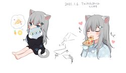  amashiro_natsuki animal_ears arrow_(symbol) barefoot blue_eyes blush blush_stickers cat_ears cat_girl cat_tail chibi closed_eyes commentary dated eating female food grey_hair hair_between_eyes hair_ornament hairclip hawaiian_pizza heart holding hood hood_down hugging_doll hugging_object long_hair long_sleeves multiple_views nachoneko original pineapple_print pizza shirt simple_background sitting tail thought_bubble translated white_background 