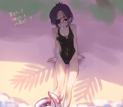  breasts chrome_dokuro eyepatch female groin highres katekyo_hitman_reborn! one-piece_swimsuit open_mouth purple_eyes purple_hair sand shade short_hair solo sumibiya_yasain swimsuit tentacle tree water 