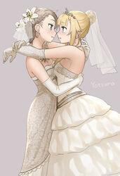  2girls alternate_hairstyle ange_(princess_principal) bare_shoulders blonde_hair blue_eyes blunt_bangs blush braid braided_bun breasts bride commentary_request couple dress earrings elbow_gloves eye_contact face-to-face flower from_side gloves gown grey_background grey_hair hair_bun hair_flower hair_ornament highres hug imminent_kiss jewelry light_brown_hair lily_(flower) looking_at_another md5_mismatch multiple_girls necklace open_mouth princess_(princess_principal) princess_principal profile resolution_mismatch revision side_braid sidelocks signature simple_background single_hair_bun small_breasts source_smaller standing strapless strapless_dress veil wedding wedding_dress white_dress white_gloves wife_and_wife yotsura yuri 