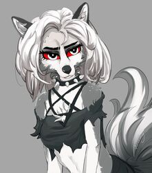  2021 anthro black_body black_fur bodily_fluids breasts canid canid_demon canine cheek_tuft chest_tuft clothing collar demon eyebrows eyelashes facial_tuft female fur grey_background grey_body grey_fur grey_hair hair half-closed_eyes head_tuft hellhound helluva_boss hi_res jesterwing loona_(helluva_boss) mammal multicolored_body multicolored_fur mythological_canine mythological_creature mythology narrowed_eyes notched_ear red_sclera simple_background solo spiked_collar spikes sweat torn_clothing tuft white_body white_eyes white_fur 