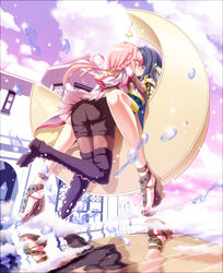  2girls absurdres ass blue_hair boots braid building chauke closed_eyes cloud crescent feet highres hood hoodie kissing long_hair magia_record:_mahou_shoujo_madoka_magica_gaiden magical_girl mahou_shoujo_madoka_magica multiple_girls nanami_yachiyo outdoors pink_hair reflection sandals shorts sitting skirt sky star_(symbol) surreal tamaki_iroha toes water yuri 