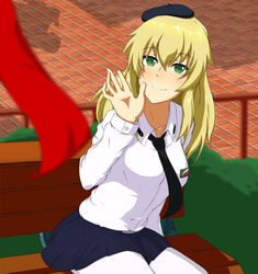  absurdres ada_badguy anzio_school_uniform black_necktie black_skirt blonde_hair blush breasts carpaccio_(girls_und_panzer) closed_mouth collarbone female girls_und_panzer green_eyes hat highres long_hair looking_at_viewer medium_breasts miniskirt necktie on_bench outdoors pantyhose pleated_skirt school_uniform sitting skirt smile solo white_pantyhose 