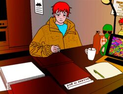  1boy absurdres alien anh_konge artbook desk highres incredibly_absurdres indoors kitchen paper pen pixel_art red_hair screen_light self-upload table virus 