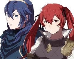  2girls blue_eyes blue_hair closed_mouth fire_emblem fire_emblem_awakening fire_emblem_fates gambeson long_hair looking_at_viewer lucina_(fire_emblem) multiple_girls parted_lips red_eyes red_hair rem_(eyes_410) ribbon selena_(fire_emblem_fates) smile tiara twintails upper_body vest 