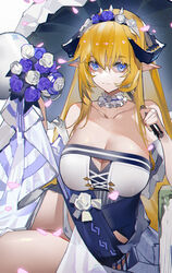  absurdres arknights bad_id bad_pixiv_id bare_shoulders blonde_hair blue_eyes blue_flower blue_rose bouquet breasts choker cleavage closed_mouth dress female flower hair_flower hair_ornament hairband highres holding holding_umbrella large_breasts long_hair looking_at_viewer official_alternate_costume panties pointy_ears rose saileach_(appreciate_fragrance)_(arknights) saileach_(arknights) solo strapless strapless_dress umbrella underwear white_background white_flower white_panties white_rose yushe_quetzalli 