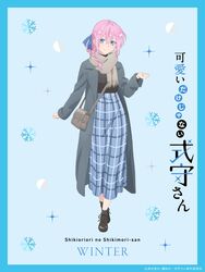  absurdres artist_request bag black_footwear blue_eyes coat commentary_request english_text female hair_ribbon hand_up handbag highres kawaii_dake_ja_nai_shikimori-san long_skirt official_alternate_costume official_art pink_hair plaid plaid_skirt ribbon scarf shikimori_(kawaii_dake_ja_nai) skirt smile snowflakes trench_coat winter winter_clothes 