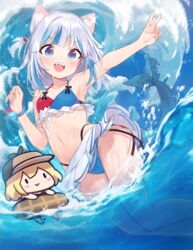  2girls :d animal_ear_fluff animal_ears arm_up armpits bikini bikini_skirt black_bow blonde_hair blue_bracelet blue_eyes blue_hair blush bow bracelet cat_ears chibi chibi_inset commentary deerstalker fins fish_tail flat_chest frilled_bikini frills gawr_gura grey_hair hair_ornament hat highres hololive hololive_english innertube jewelry korean_commentary looking_at_viewer multicolored_hair multiple_girls open_mouth parody partially_submerged plaid sankyaku_tako shark_tail sharp_teeth smile smol_ame sparkle splashing streaked_hair style_parody swim_ring swimsuit tail teeth v virtual_youtuber walfie_(style) water watson_amelia 