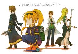  ashton_anchors blonde_hair bowman_jean breasts brown_hair closed_mouth eyewear_on_head full_body gloves green_eyes gun long_hair looking_at_viewer multiple_boys multiple_girls opera_vectra pantyhose ponytail poppo_(milkxx) precis_neumann short_hair simple_background skirt star_ocean star_ocean_the_second_story weapon white_background 