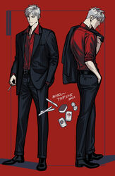  1boy akagi:_yami_ni_oritatta_tensai akagi_shigeru black_footwear black_jacket black_legwear border cigarette collared_shirt dice formal fukumoto_mahjong hand_in_pocket highres holding holding_cigarette holding_clothes holding_jacket in_mouth jacket jacket_over_shoulder komiya_kuniharu looking_back mahjong mahjong_tile pants profile red_background red_shirt shirt simple_background striped_clothes striped_jacket striped_pants suit tenbou tumblr_username unworn_jacket web_address 