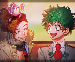  2boys :d black_gloves blue_neckwear boku_no_hero_academia brown_jacket collared_shirt eyemask_u_u eyewear_on_head freckles gloves green_eyes green_hair grey_jacket grey_shirt grin head_rest jacket light looking_at_another male_focus medium_hair messy_hair midoriya_izuku multiple_boys necktie open_mouth pino_(boku_no_hero_academia) red_hair red_necktie rody_soul school_uniform shirt short_hair short_necktie smile striped striped_necktie sunglasses teeth twitter_username u.a._school_uniform white_shirt 