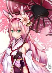  animal_ear_fluff animal_ears azur_lane bare_shoulders bell black_gloves blush breasts cherry_blossoms closed_mouth detached_sleeves female floral_background flower fox_ears fox_girl fox_tail gloves green_eyes hair_flower hair_ornament hairband hanazuki_(azur_lane) headband highres holding holding_umbrella japanese_clothes kimono large_breasts long_hair looking_at_viewer no_panties pink_flower pink_hair print_umbrella ramiya_eru red_headband smile solo standing tail umbrella white_kimono 