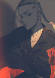  1boy absurdres black_eyes black_jacket black_pants blonde_hair braid braided_ponytail closed_mouth collarbone cowboy_shot earrings highres jacket jewelry knee_up long_hair long_sleeves looking_away macaronk male_focus md5_mismatch pants ryuuguuji_ken single_braid single_earring sitting solo tattoo tokyo_revengers tsurime 